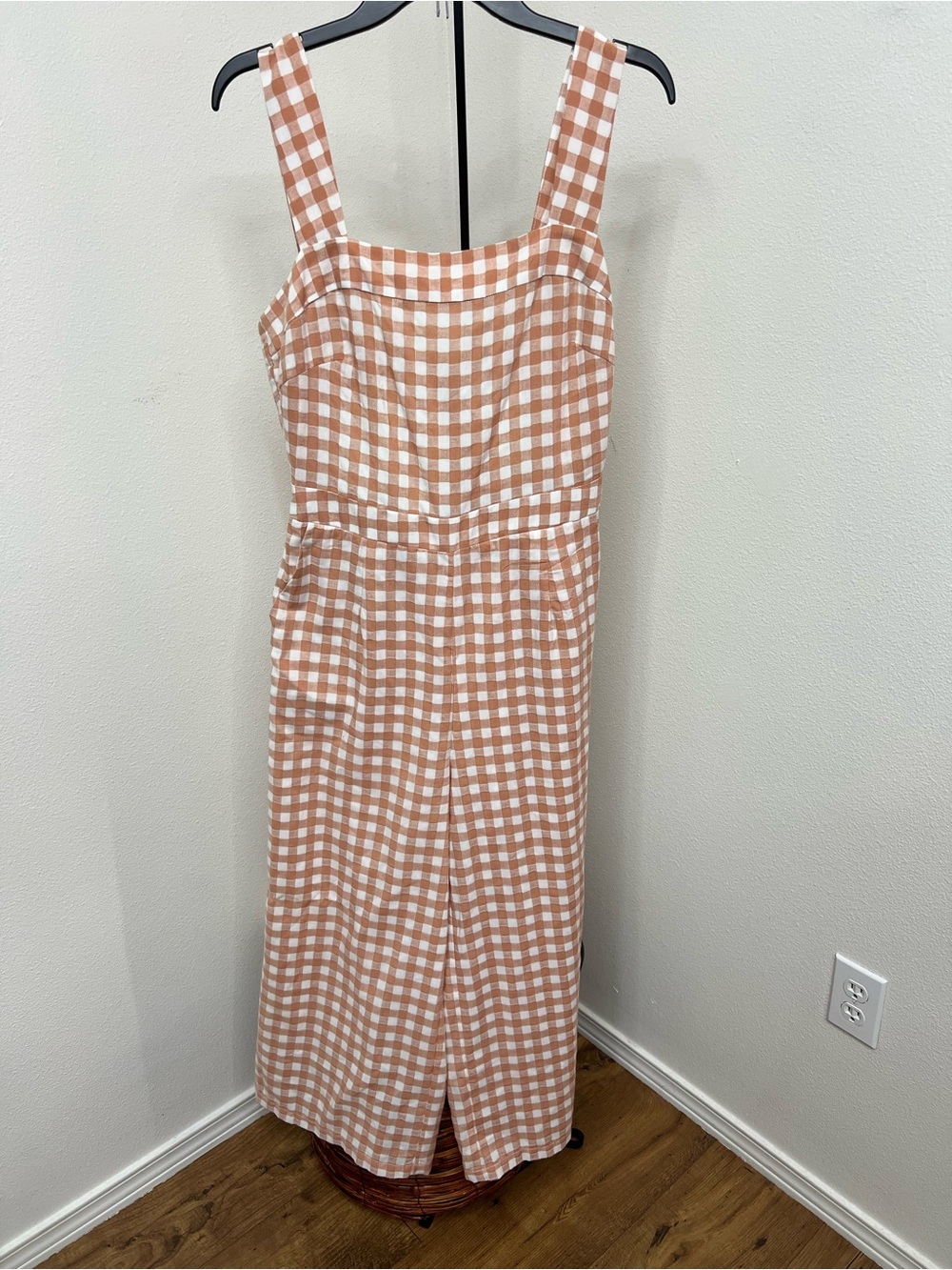 FRNCH Peach and White Gingham Sleeveless Square-Neck Jumpsuit